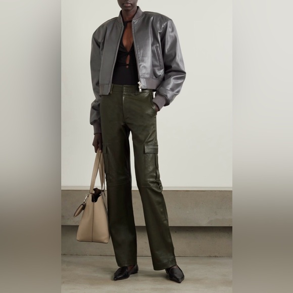 Abercrombie & Fitch Dark Green Faux Leather Wide Leg Cargo Pants - Picture 3 of 15